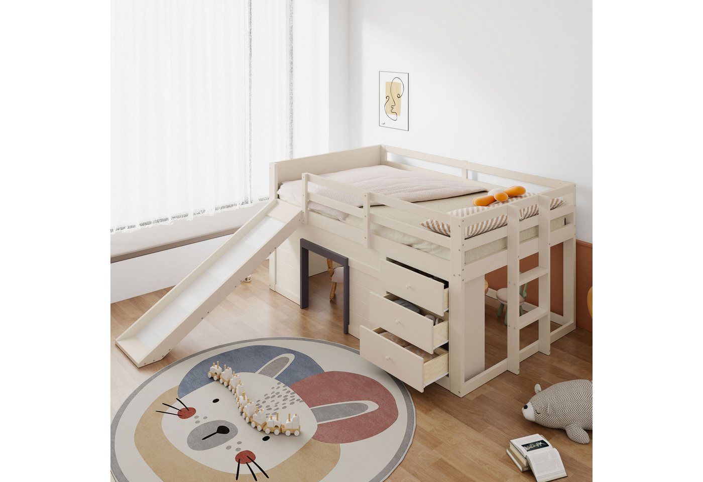 HAUSS SPOLE Hochbett 140 x 200 cm niedriges Hochbett mit Rutsche, 2 Schubladen und 2 Türen (mit Rutsche, Creme – Mit 3 Schubladen, 2 Türen & Stauraum., 140x200 cm) von HAUSS SPOLE