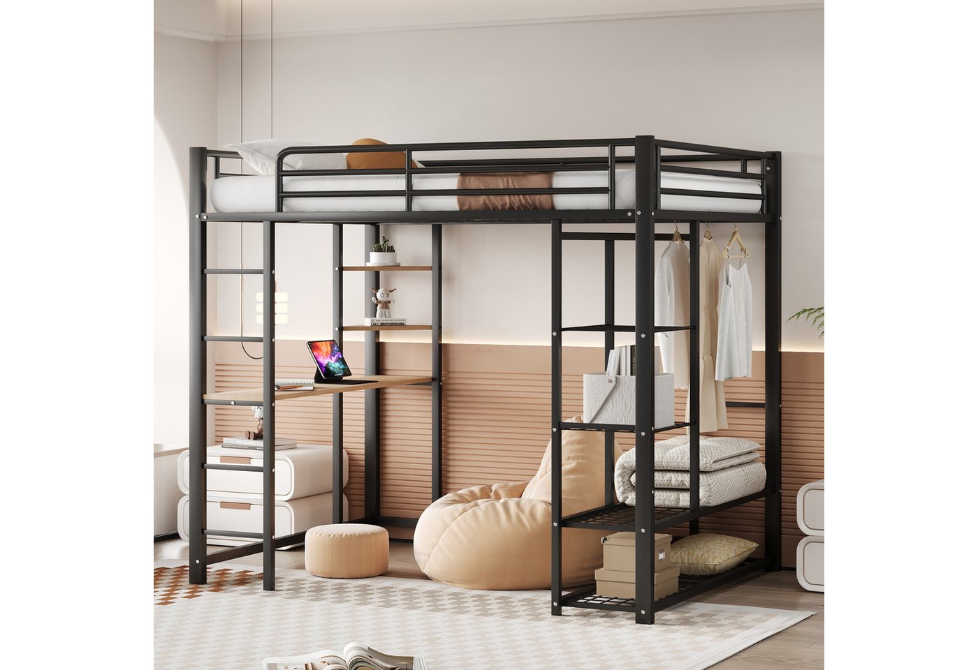 HAUSS SPOLE Hochbett 140x 200cm mit Leiter, Kinderbett mit Tisch, Ablagefächern, Schwarz (mit Leiter, Juniorbett Doppelbett mit Tisch mit einfachen Kleiderbügeln mit Ablagefächern, 140x200 cm) ohne Matratze von HAUSS SPOLE