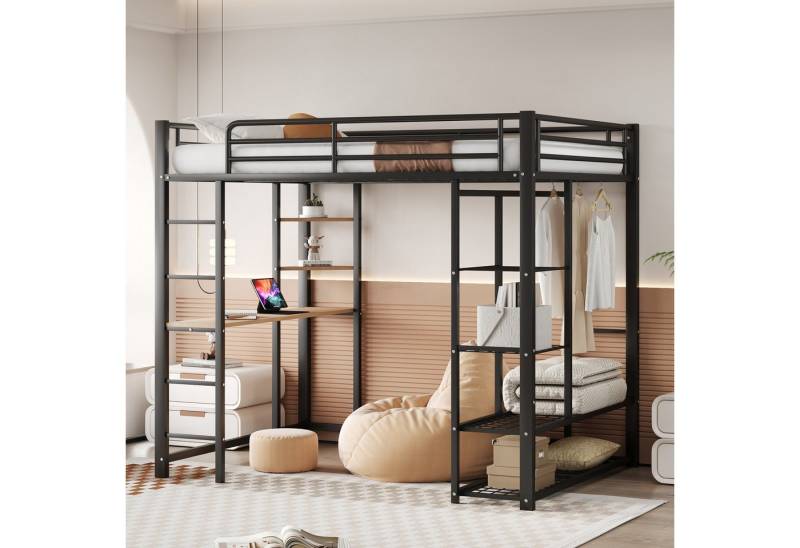 HAUSS SPOLE Hochbett 140x 200cm mit Leiter, Kinderbett mit Tisch, Ablagefächern, Schwarz (mit Leiter, Juniorbett Doppelbett mit Tisch mit einfachen Kleiderbügeln mit Ablagefächern, 140x200 cm) ohne Matratze von HAUSS SPOLE