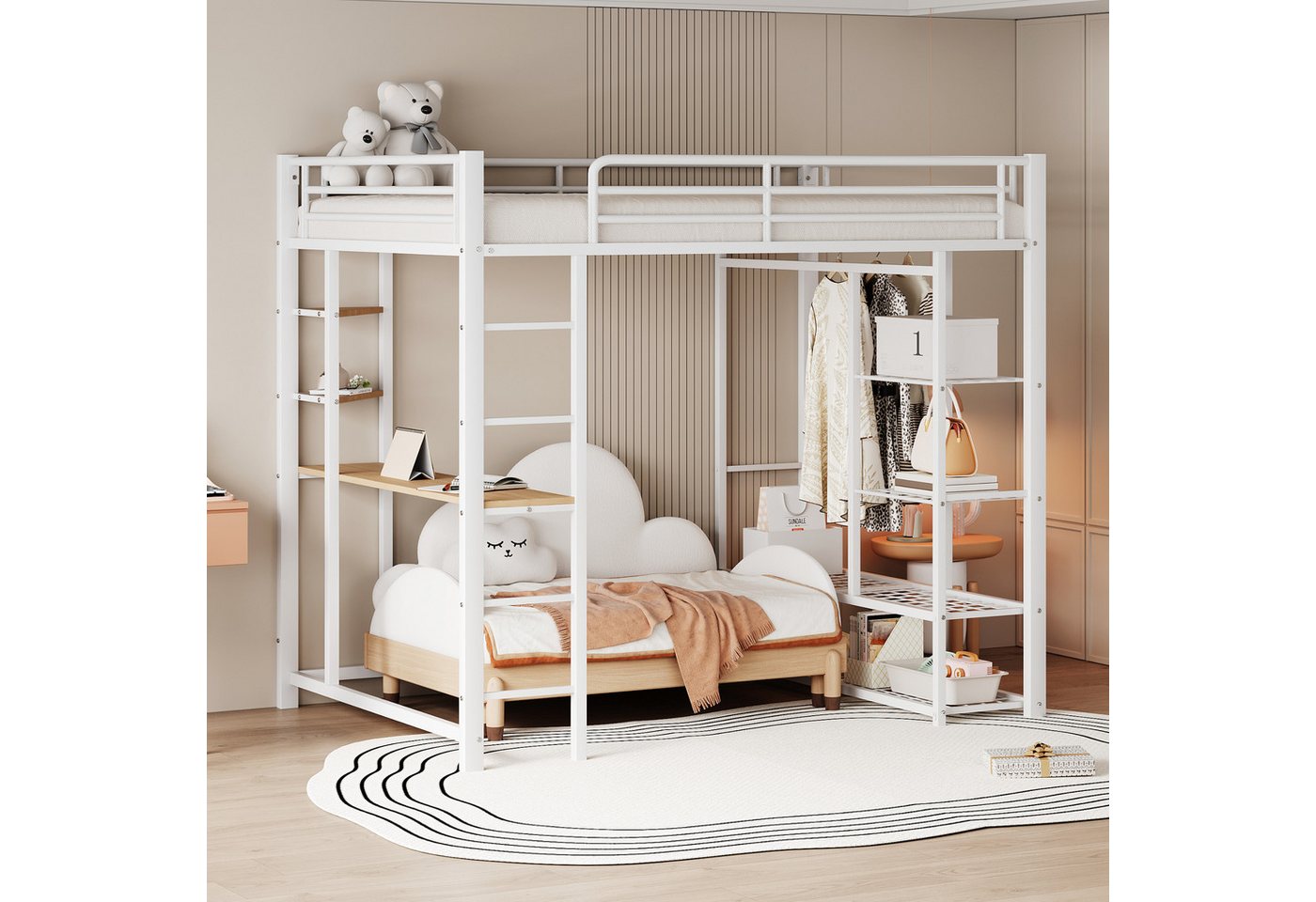HAUSS SPOLE Hochbett 140x 200cm mit Leiter, Kinderbett mit Tisch, Ablagefächern, Weiß (mit Leiter, Juniorbett Doppelbett mit Tisch mit einfachen Kleiderbügeln mit Ablagefächern, 140x200 cm) ohne Matratze von HAUSS SPOLE