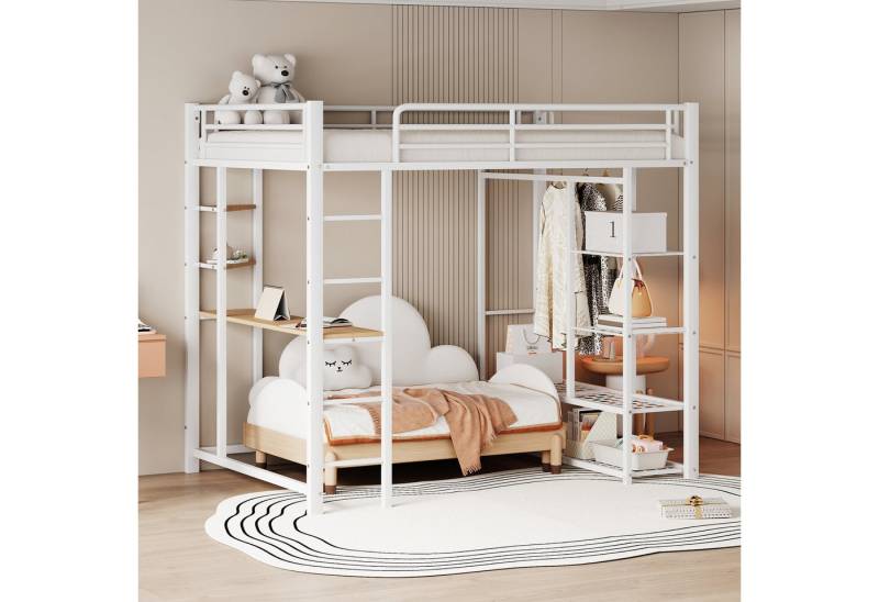 HAUSS SPOLE Hochbett 140x 200cm mit Leiter, Kinderbett mit Tisch, Ablagefächern, Weiß (mit Leiter, Juniorbett Doppelbett mit Tisch mit einfachen Kleiderbügeln mit Ablagefächern, 140x200 cm) ohne Matratze von HAUSS SPOLE