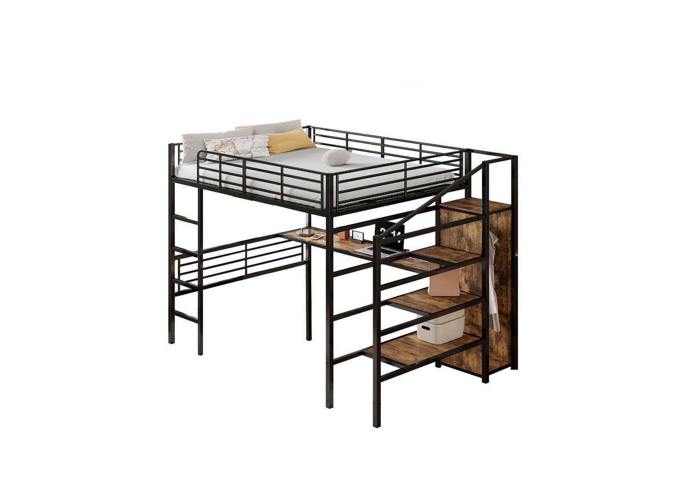 HAUSS SPOLE Hochbett 140x200 mit Schreibtisch, Kleiderschrank, Aufbewahrungstreppe schwarz von HAUSS SPOLE