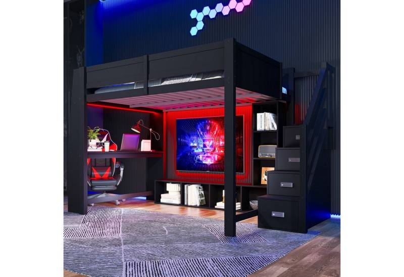 HAUSS SPOLE Hochbett 140x200 mit Schreibtisch,Jugendbett Bettgestell mit LED&Lowboard (mit LED-Beleuchtung, Schreibtisch & Stauraumtreppe, Schwarz, 1-St., 278.5 x 145 x 170) von HAUSS SPOLE