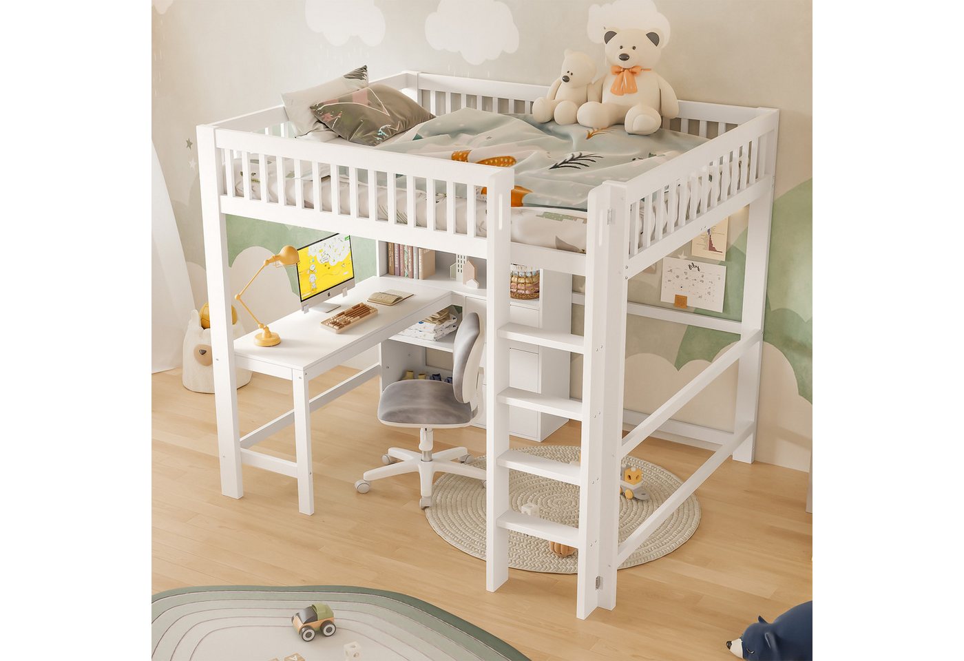 HAUSS SPOLE Hochbett 140x200 mit Schreibtisch,Jugendbett Stauraumbett mit Geländer&Matratze von HAUSS SPOLE