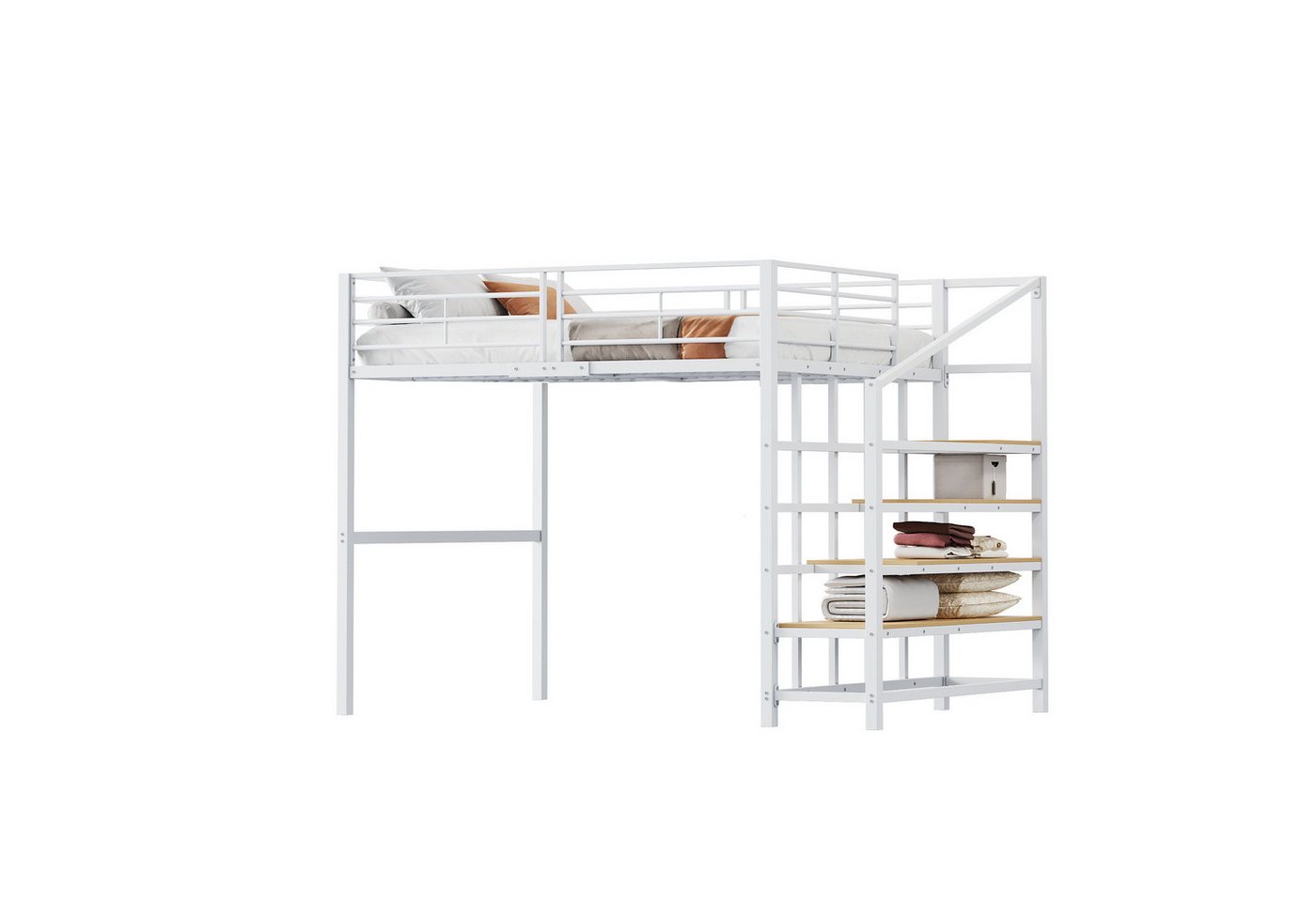 HAUSS SPOLE Hochbett 140x200 mit Stauraum unter dem Bett, Treppe Ideal für Kinder weiß (Hochbett mit Stauraum und Treppe – Stabile Metallkonstruktion, 140 x 200 cm) ohne Matratze von HAUSS SPOLE