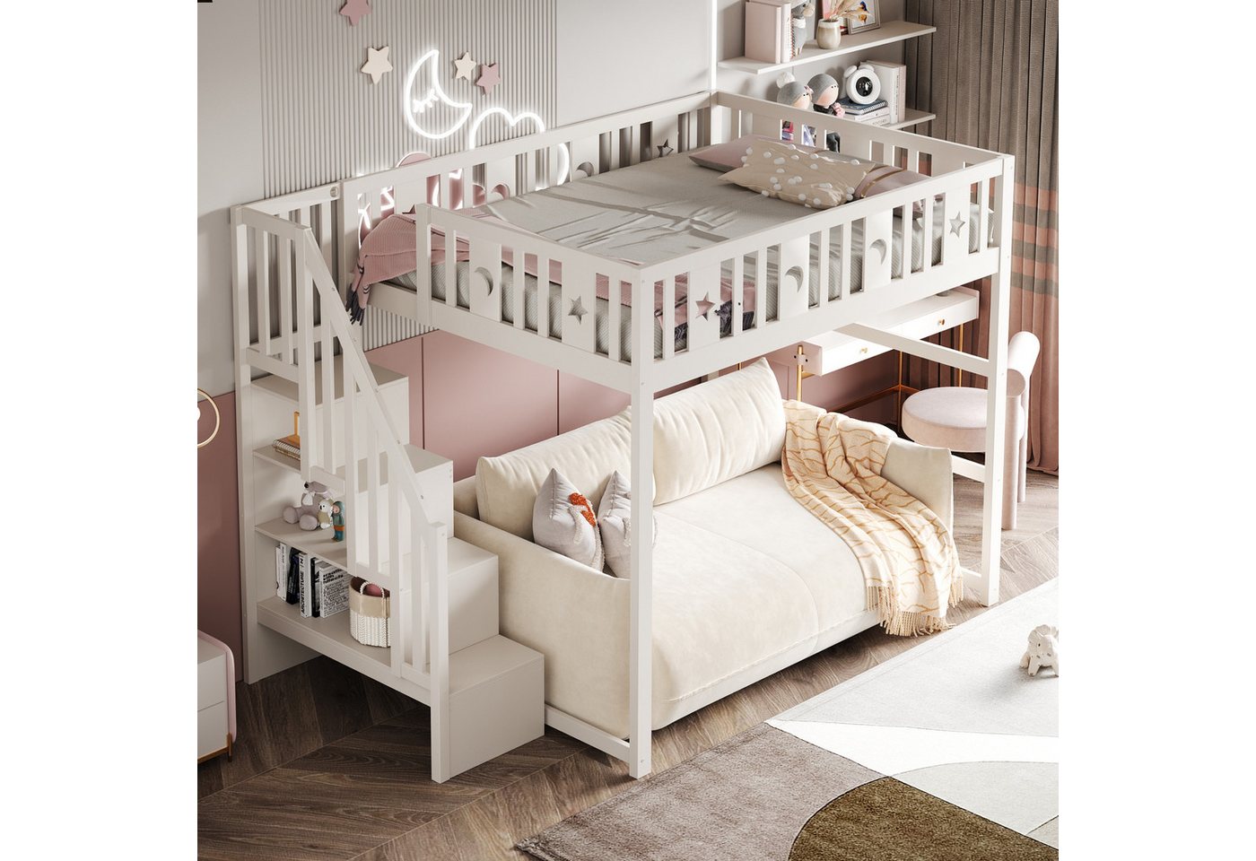 HAUSS SPOLE Hochbett 140x200 mit Treppe, Sicherheitsgeländer, Stern- Monddekoration Weiß (mit Treppe und Sicherheitsgeländer, Massivholz mit Stern- und Monddekoration 140x200 cm, ideal für kleine Kinderzimmer) ohne Matratze HAUSS SPOLE Hochbett 140x200 mit Treppe, Sicherheitsgeländer, Stern- Monddekoration Weiß (mit Treppe und Sicherheitsgeländer, Massivholz mit Stern- und Monddekoration 140x200 cm, ideal für kleine Kinderzimmer) ohne Matratze von HAUSS SPOLE