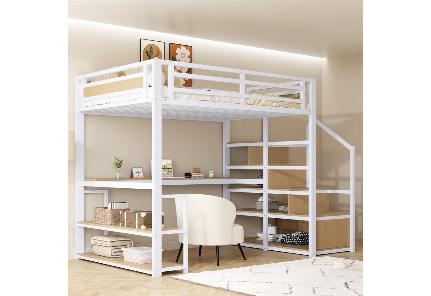HAUSS SPOLE Hochbett 140x200cm mit Aufbewahrungsleiter mit Regalen und Tisch, Weiß von HAUSS SPOLE