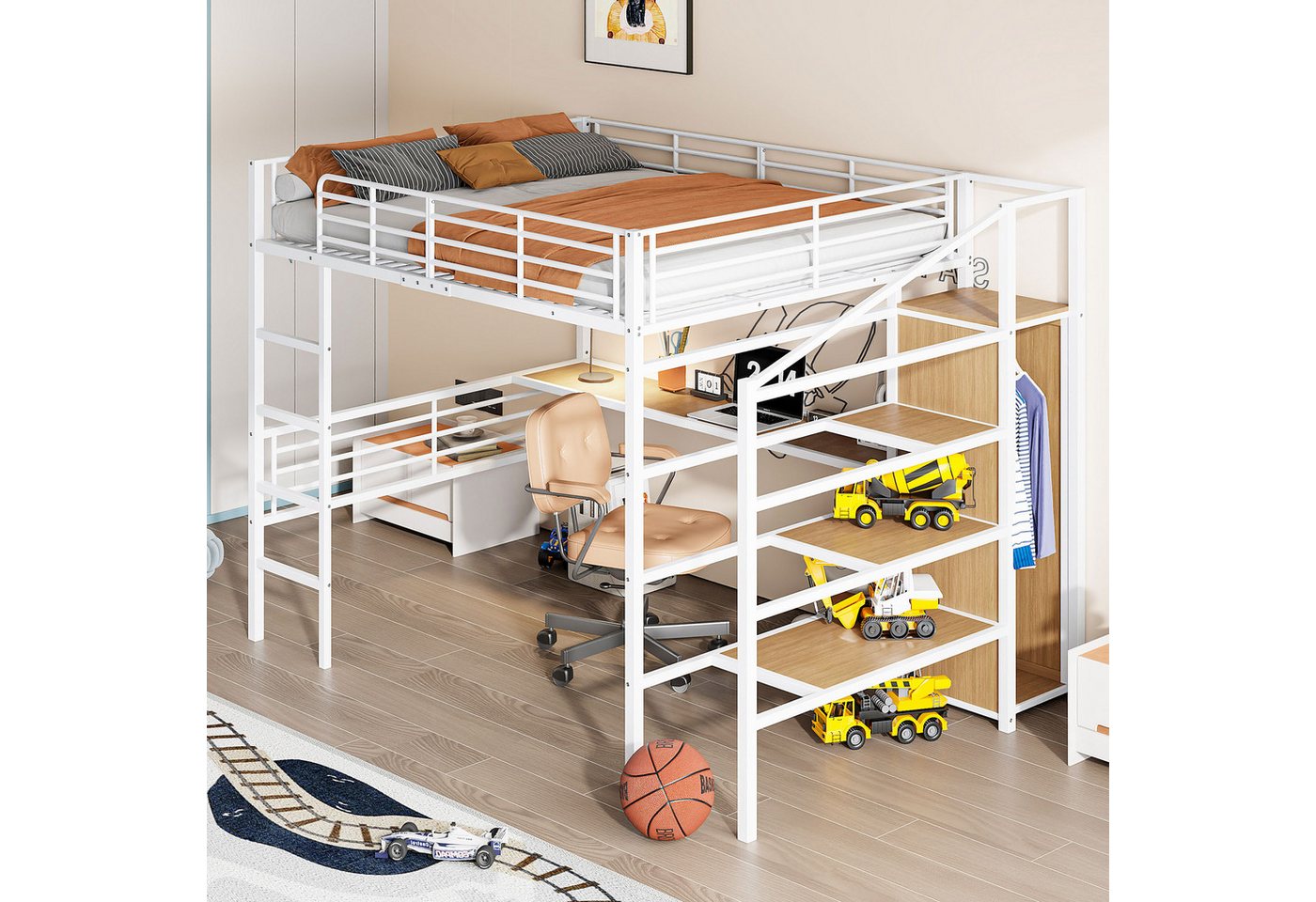HAUSS SPOLE Hochbett 140x200cm mit Schreibtisch, offener Kleiderschrank, Eisenrahmen, Weiß (mit Schreibtisch, offener Kleiderschrank & Stufentreppe – Eisenrahmen Schwarz, Platzsparendes Design für Kinder & Jugendliche, 140x200 cm) ohne Matratze HAUSS SPOLE Hochbett 140x200cm mit Schreibtisch, offener Kleiderschrank, Eisenrahmen, Weiß (mit Schreibtisch, offener Kleiderschrank & Stufentreppe – Eisenrahmen Schwarz, Platzsparendes Design für Kinder & Jugendliche, 140x200 cm) ohne Matratze von HAUSS SPOLE
