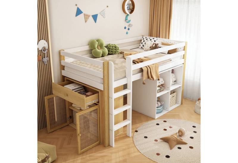 HAUSS SPOLE Hochbett 90 x 200 cm, mit 2 Aufbewahrungsschrank und Leiter, Natur + Weiß von HAUSS SPOLE