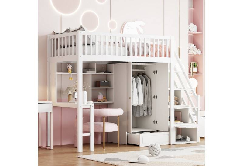 HAUSS SPOLE Hochbett 90 x 200cm mit Kleiderschrank, Regal und Tisch, Stauraum Treppe weiß (90 x 200 cm, Stauraum Treppe Mehrzweckbetteinheit Holzbettgestell 90 x 200 cm) ohne Matratze von HAUSS SPOLE