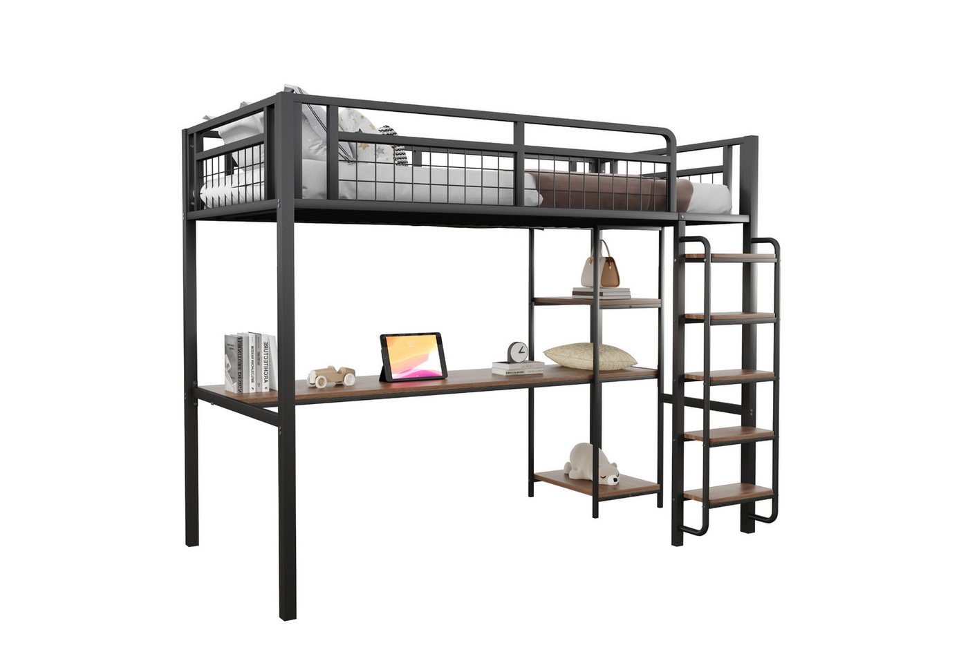 HAUSS SPOLE Hochbett 90x200 cm, mit Tisch und Regalen, Zaun, Sicherheitsleiter Schwarz (Metall-Hochbett,mit einzigartiger Sicherheitsleiter, unter dem Bett Tisch und Regale, robustes Metallgestell mit Sicherheitsgitter, ideal für Kinderzimmer und Jugendzimmer., 90x200 cm) ohne Matratze von HAUSS SPOLE