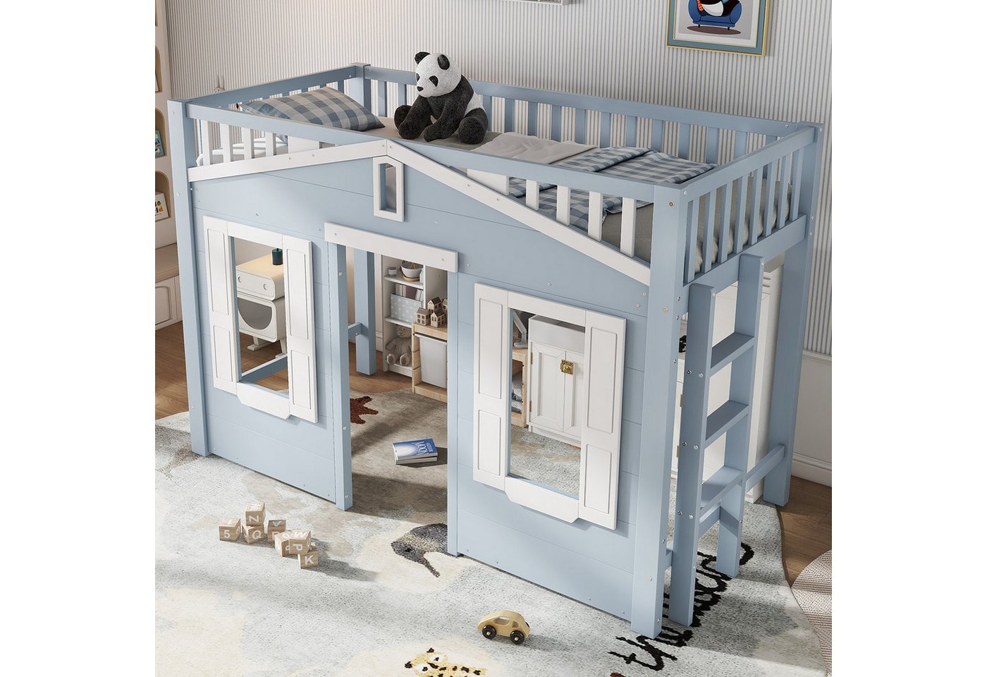 HAUSS SPOLE Hochbett 90x200 mit Geländer&Fenster,Jugendbett in Hausform mit Matratze von HAUSS SPOLE