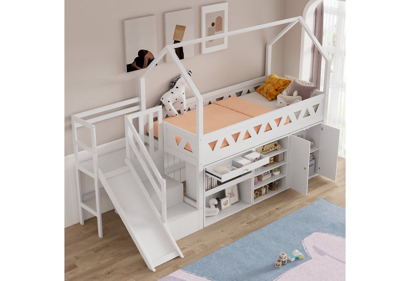 HAUSS SPOLE Hochbett 90x200 mit Rutsche, Treppen, Schubladen und Schließfach weiß (ohne Matratze) modernes Design von HAUSS SPOLE