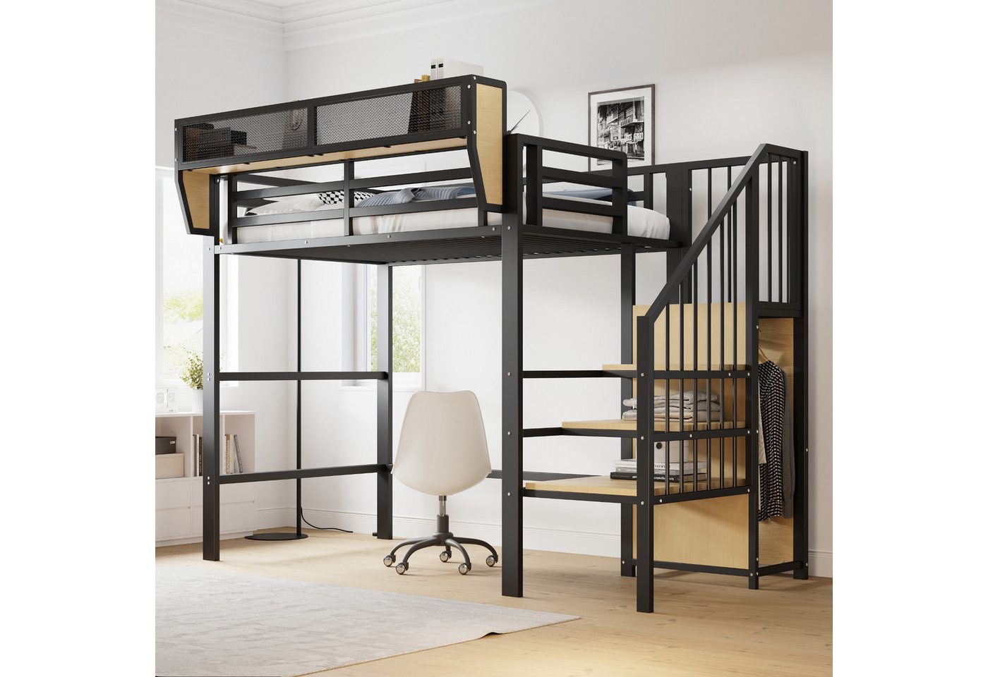 HAUSS SPOLE Hochbett 90x200 mit Sicherheitsleiter, flexiblem Staufach, Metallbett Schwarz (mit sicherer Leiter & Stauraum 90x200 cm, robustes Etagenbett für Jugendliche & Erwachsene) ohne Matratze von HAUSS SPOLE