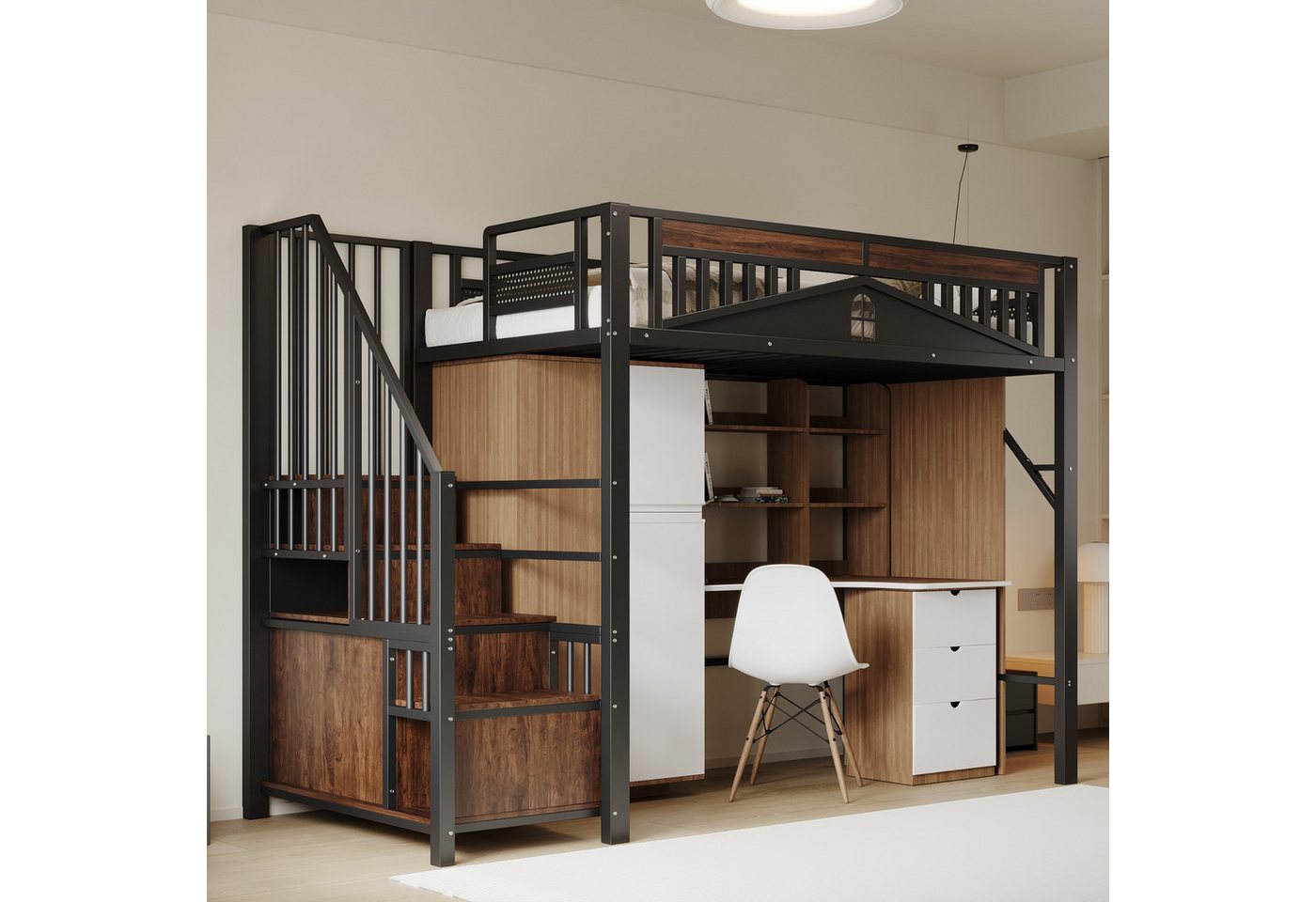 HAUSS SPOLE Hochbett 90x200cm, Metall-Sicherheitszaun, Sicherheitsleiter mit Spind, Schwarz (Metall-Hochbett, mit Stauraum, Sicherheitszaun und Fensterdesign, 90 x 200cm) ohne Matratze von HAUSS SPOLE