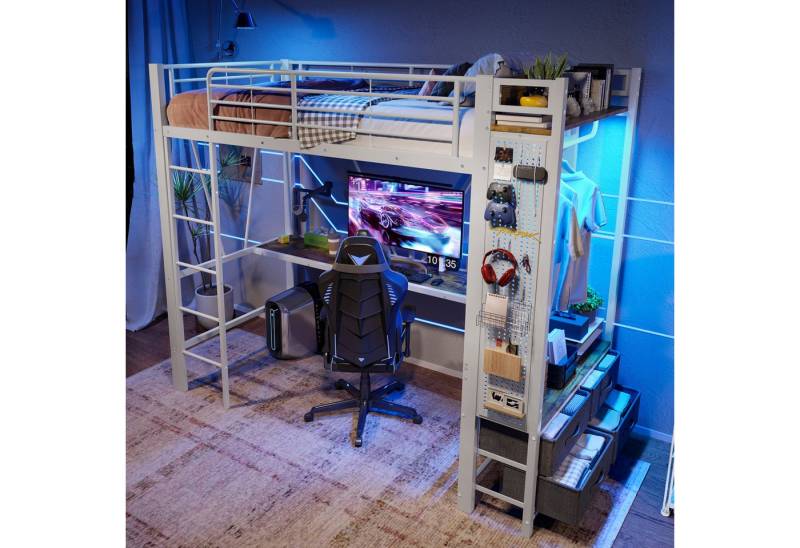 HAUSS SPOLE Hochbett 90x200cm mit Schreibtisch, 4 Schubladen, Steckdose, LED-Leiste Weiß von HAUSS SPOLE