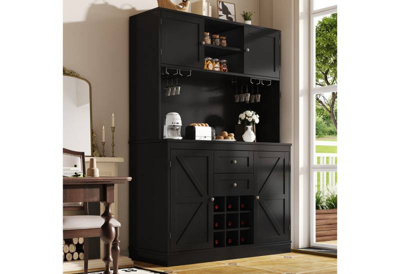 HAUSS SPOLE Hochschrank Hochschrank mit verstellbaren Ablagen & Weinregal, 4 Türen Schwarz (Hochschrank Küchenbuffet mit 4 Türen, 2 Schubladen, verstellbaren Ablagen & Weinregal – Multifunktionaler Küchenschrank im modernen Design für Küche und Wohnzimmer, Kippschutz, 120x40x188 cm, 120*40*188CM) Kippschutz von HAUSS SPOLE