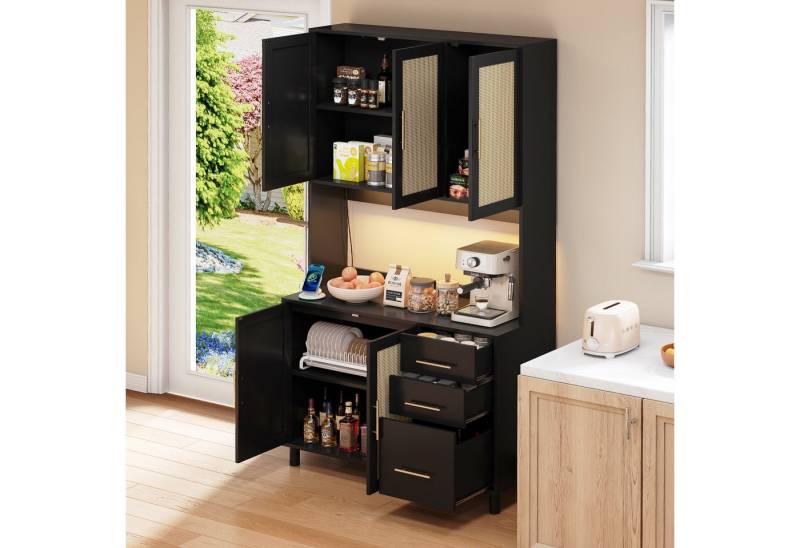 HAUSS SPOLE Hochschrank Küchenschrank 183cm LED-Highboard wohnzimmer mit Steckdosen und USB (Moderne 183 cm Küchenanrichte mit LED-Deko-Lichtern, 2 USB-Ports, Steckdosen, 3 Schubladen, verstellbaren Einlegeböden, goldenen Metallgriffen, ideal für Küche & Esszimmer) Mit LED-Lichtern, 2 USB, 2 Steckdosen, 3 Schubladen. von HAUSS SPOLE