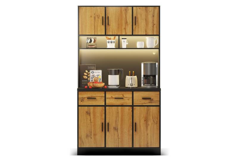 HAUSS SPOLE Hochschrank Küchenschrank Highboard mit LED, Kabelführungslöchern und Steckdosen (Anrichte, Wohnzimmerschrank, Highboard, Aufbewahrungsschrank, Buffetschrank, Küchenmöbel, 1-St., mit offenen und geschlossenen Fächern) mit LED-Beleuchtung, verstellbaren Einlegeböden von HAUSS SPOLE