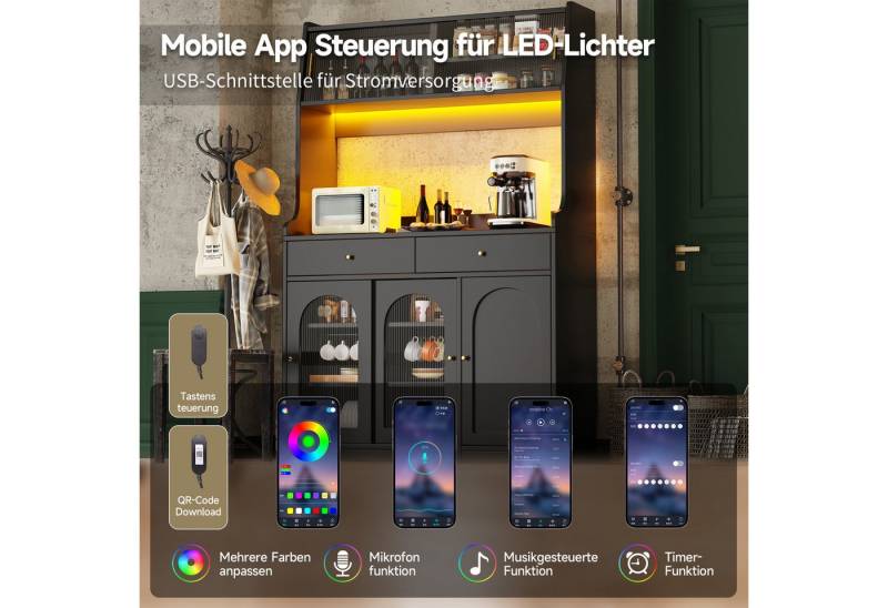 HAUSS SPOLE Hochschrank mit Verstellbaren Ablagen, 2 Schubladen, LED-Beleuchtung, schwarz (mit LED-Beleuchtung & Verstellbaren Ablagen – Hochschrank aus MDF mit Glas-Schiebetüren, 2 Schubladen) mit Verstellbaren Ablagen,mit LED-Beleuchtung von HAUSS SPOLE