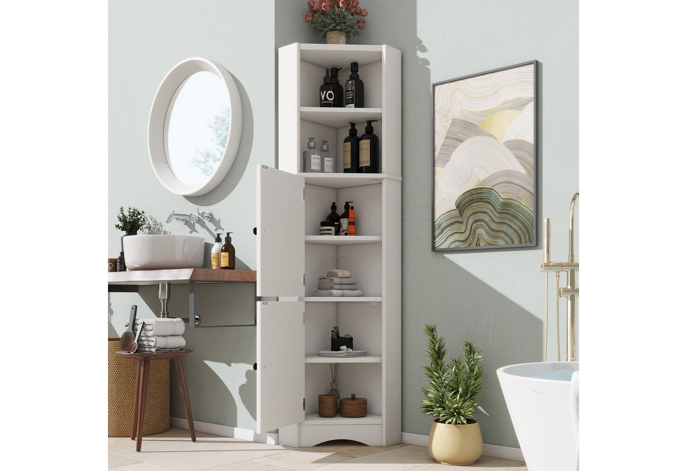 HAUSS SPOLE Hochschrank weiß Eckbadezimmerschrank Hochschrank mit verstellbare Trennwände (Dreieckiger Badezimmerschrank in Weiß – Feuchtigkeitsbeständig, mit 2 offenen Ablagefächern, 2 Türen & Verstellbaren Trennwänden, Platzsparend für Badezimmer & kleine Wohnungen, 51.7 x 32 x 155.4cm) von HAUSS SPOLE
