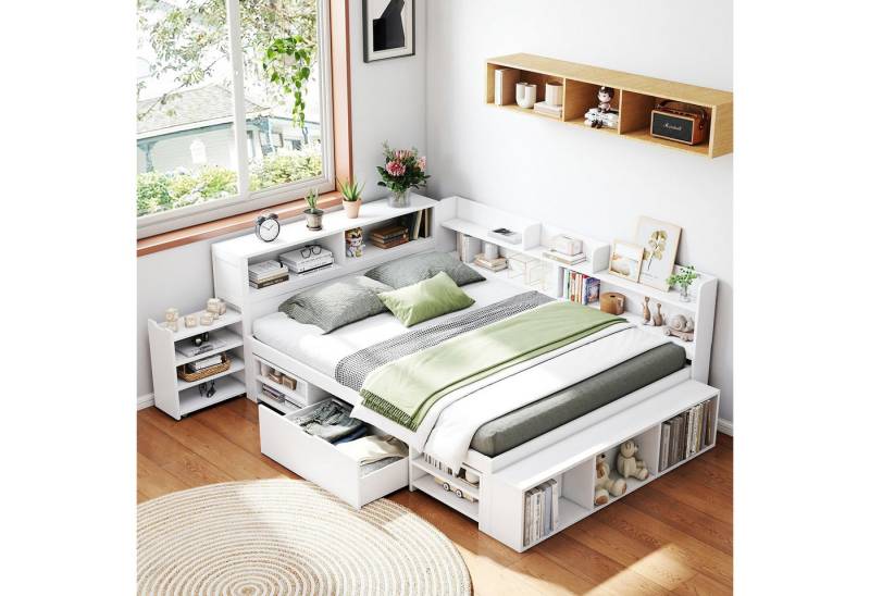 HAUSS SPOLE Holzbett 140x200cm mit Schubladen, Bücherregal, Stauschrank mit Matratze, weiß (Multifunktionales Kinderbett, mit Lattenrost, 90*200cm Inklusive Matratze), mit Schubladen, Bücherregal und Stauschrank von HAUSS SPOLE