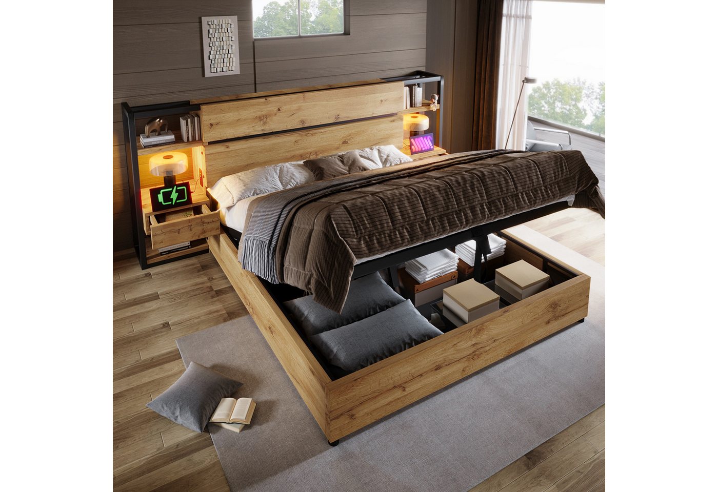 HAUSS SPOLE Holzbett 160×200cm Stauraum-Kopfteil mit Schubladen, USB&Type-C Ladeanschluss (Doppelbett, 1-tlg., 160×200cm, Ohne Matratze), mit USB&Type-C Ladeanschluss von HAUSS SPOLE