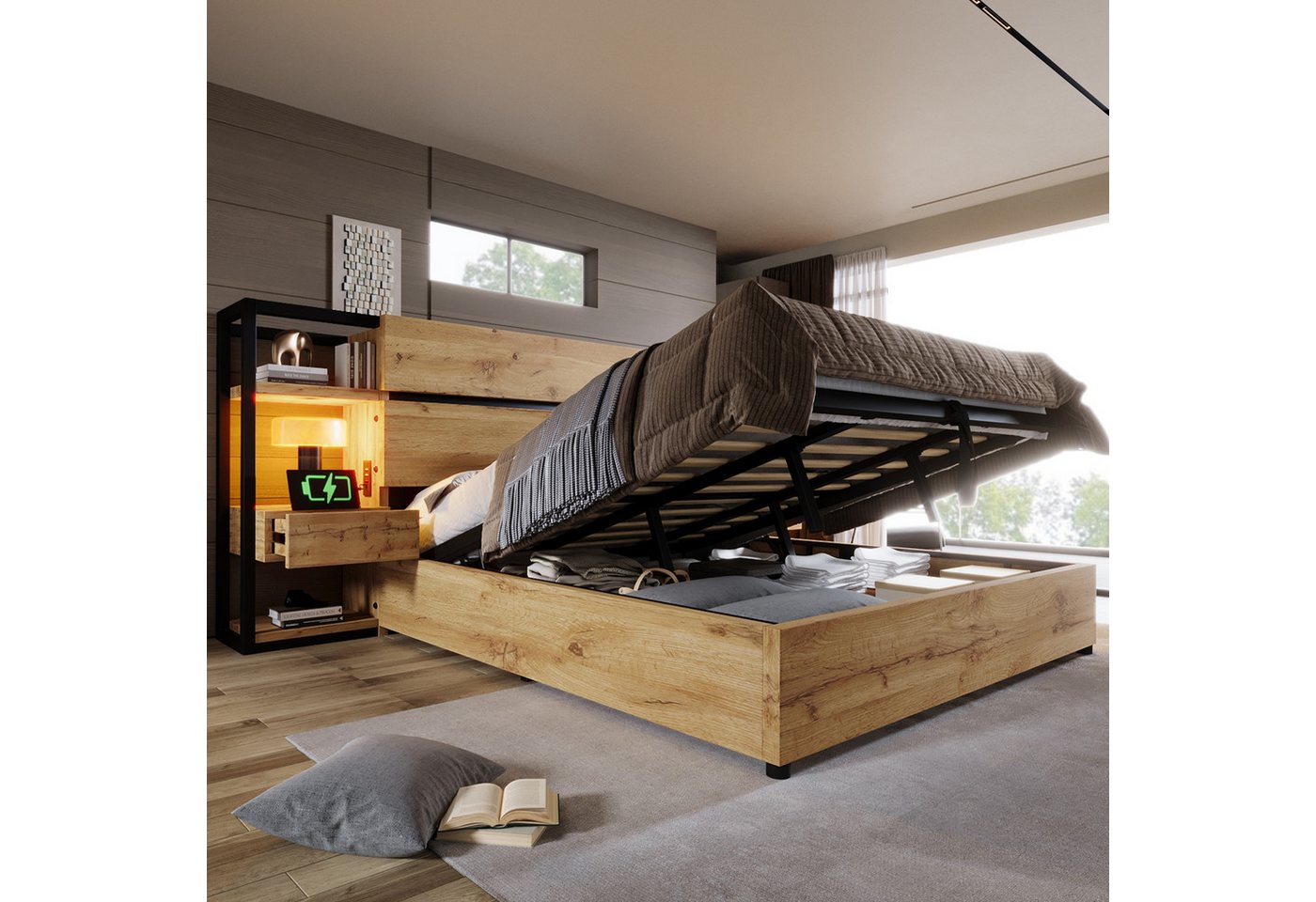 HAUSS SPOLE Holzbett 180×200cm Stauraum-Kopfteil mit Schubladen, USB&Type-C Ladeanschluss (Doppelbett, 1-tlg., 180×200cm, Ohne Matratze), mit USB&Type-C Ladeanschluss von HAUSS SPOLE