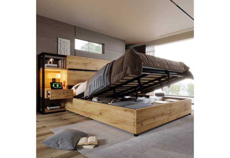 HAUSS SPOLE Holzbett 180×200cm Stauraum-Kopfteil mit Schubladen, USB&Type-C Ladeanschluss (Doppelbett, 1-tlg., 180×200cm, Ohne Matratze), mit USB&Type-C Ladeanschluss von HAUSS SPOLE