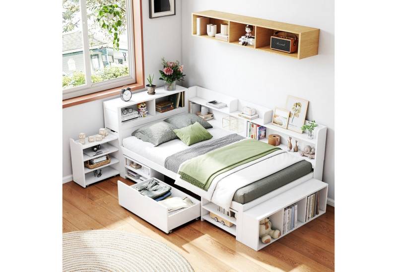 HAUSS SPOLE Holzbett 90x200cm mit Schubladen, Bücherregal, Stauschrank ohne Matratze, weiß (Multifunktionales Kinderbett, mit Lattenrost, ohne Matratze, 90*200cm), mit Schubladen, Bücherregal und Stauschrank von HAUSS SPOLE