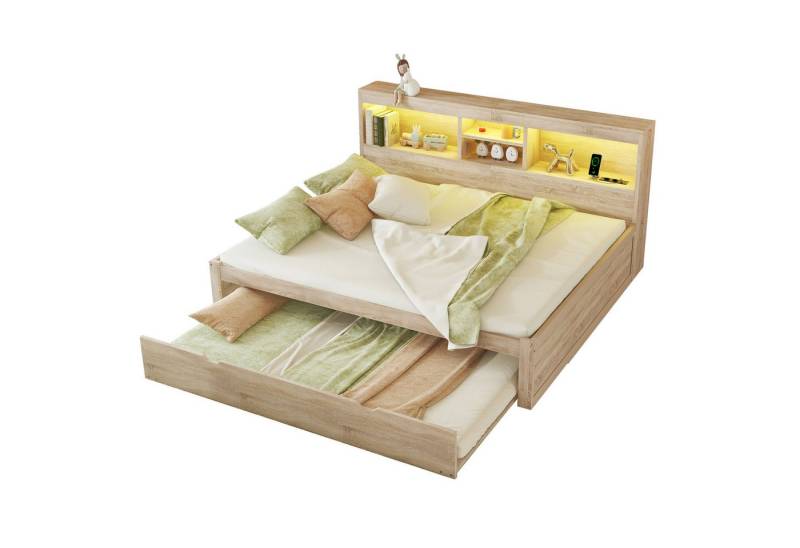 HAUSS SPOLE Kinderbett 140x200 mit Beleuchtung, Staufach, Ausziehbares Bett, Steckdose Natur (Multifunktionales Schlafsofa mit Ambientebeleuchtung & USB-Anschluss, Ausziehbar & mit Stauraum., 140x200 cm), ohne Matratze von HAUSS SPOLE