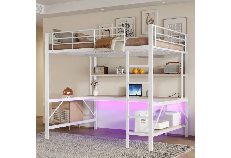 HAUSS SPOLE Kinderbett 140x200 mit usb und Steckdose, LED-Leuchten, Schreibtisch, Regal, Weiß (Hochbett mit MDF-Tisch & Regal, Eisenbett Metallbett Jugendbett, für Jugendzimmer & Studentenwohnung 140x200 cm), Ohne Matratze HAUSS SPOLE Kinderbett 140x200 mit usb und Steckdose, LED-Leuchten, Schreibtisch, Regal, Weiß (Hochbett mit MDF-Tisch & Regal, Eisenbett Metallbett Jugendbett, für Jugendzimmer & Studentenwohnung 140x200 cm), Ohne Matratze von HAUSS SPOLE