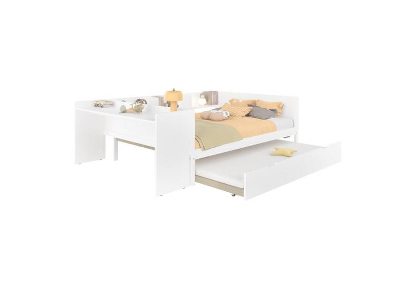 HAUSS SPOLE Kinderbett 140x200cm Flachbett mit Schreibtisch, Rollbett, Regalen, weiß (mit integriertem Schreibtisch, Rollbett und Regalen, Kiefernholz und Spanplatte, platzsparendes Design für kleine Räume, Doppelbett mit Stauraum für Kinder und Gäste, 140x200 cm), ohne Matratze von HAUSS SPOLE