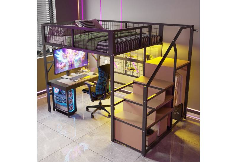 HAUSS SPOLE Kinderbett 140x200cm mit LED-Lichtleisten Treppe mit Stauraum, Kleiderschrank (mit App-gesteuerten LED-Leuchten, Stauraum-Treppe und offenem Kleiderschrank, 140x200 cm), ohne Matratze von HAUSS SPOLE