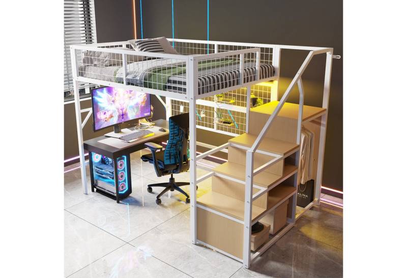 HAUSS SPOLE Kinderbett 140x200cm mit LED-Lichtleisten Treppe mit Stauraum, Kleiderschrank (mit App-gesteuerten LED-Leuchten, Stauraum-Treppe und offenem Kleiderschrank, 140x200 cm), ohne Matratze von HAUSS SPOLE