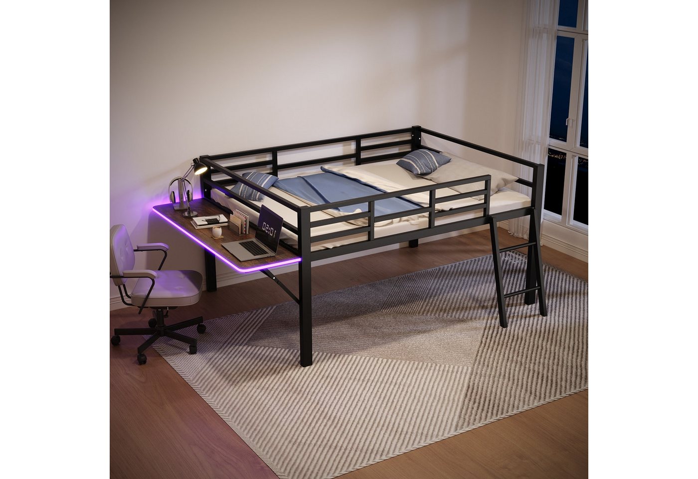 HAUSS SPOLE Kinderbett 140x200cm mit Schreibtisch, Ferngesteuertes LED-Lichtband, Schwarz (Multifunktionales Metallbett,mit Schreibtisch, Geländer, Leiter und LED-Lichtband – Ausführung, ideal für Kinder und Jugendliche, inklusive stabiler Konstruktion, durchdachter Sicherheit und modernem Design, 140x200 cm), ohne Matratze HAUSS SPOLE Kinderbett 140x200cm mit Schreibtisch, Ferngesteuertes LED-Lichtband, Schwarz (Multifunktionales Metallbett,mit Schreibtisch, Geländer, Leiter und LED-Lichtband – Ausführung, ideal für Kinder und Jugendliche, inklusive stabiler Konstruktion, durchdachter Sicherheit und modernem Design, 140x200 cm), ohne Matratze von HAUSS SPOLE