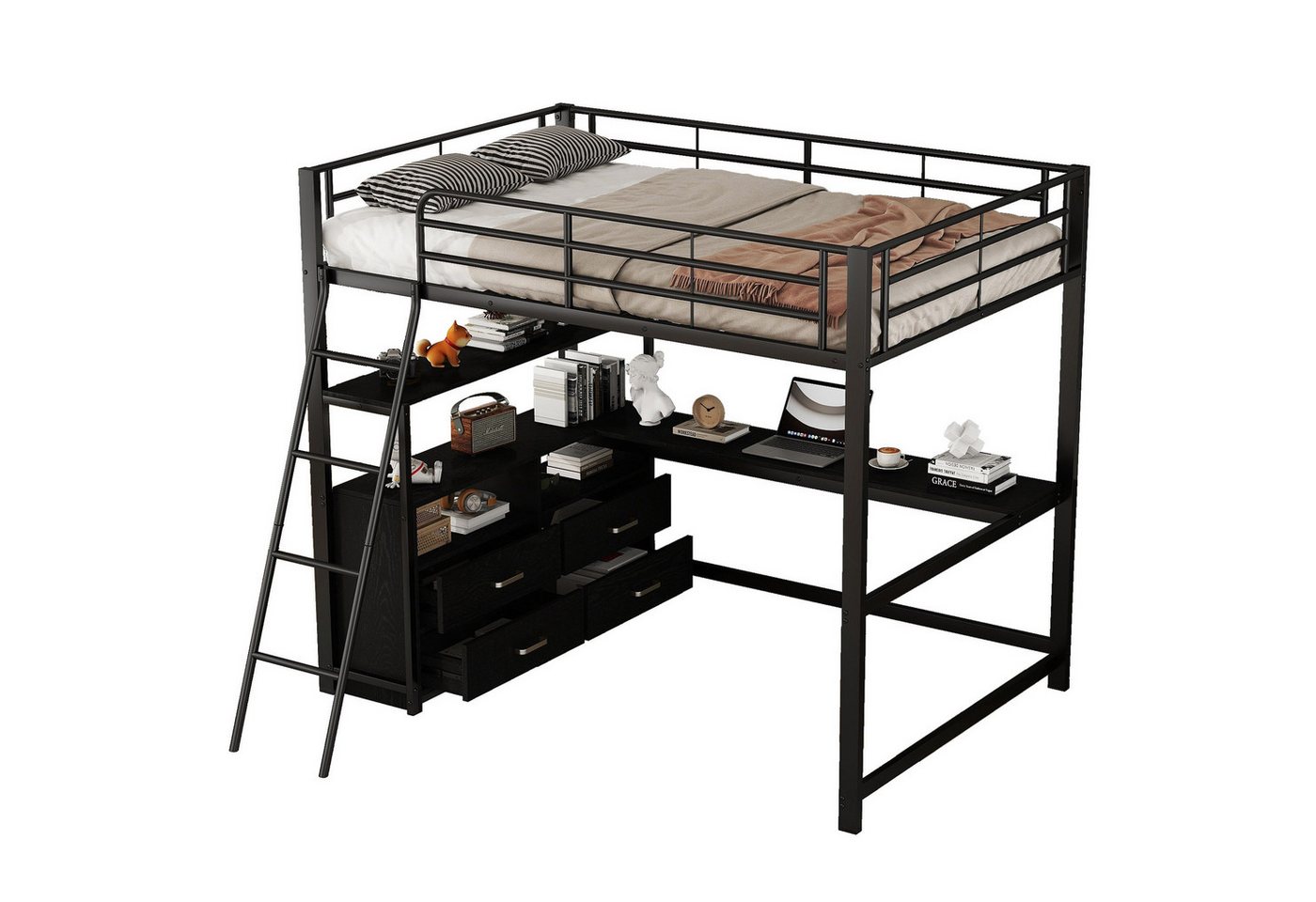 HAUSS SPOLE Kinderbett 140x200cm mit Schubladen, Schreibtisch, Ohne Matratze, Schwarz (stilvoller L-förmiger Schreibtisch, Laminatdesign, 140x200 cm), ohne Matratze von HAUSS SPOLE