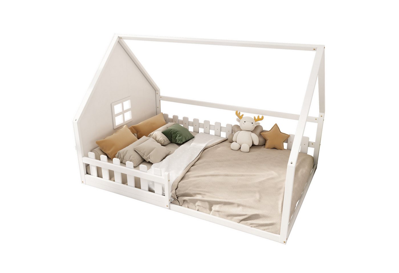 HAUSS SPOLE Kinderbett 140x200cm mit Zäune und Lattenrost Kinderbett in Hausform, weiß (Kinderbett mit Hausleiste,Kiefernholzrahmen, Geländer, Traumhaus-Design, 140 x 200 cm), ohne Matratze von HAUSS SPOLE