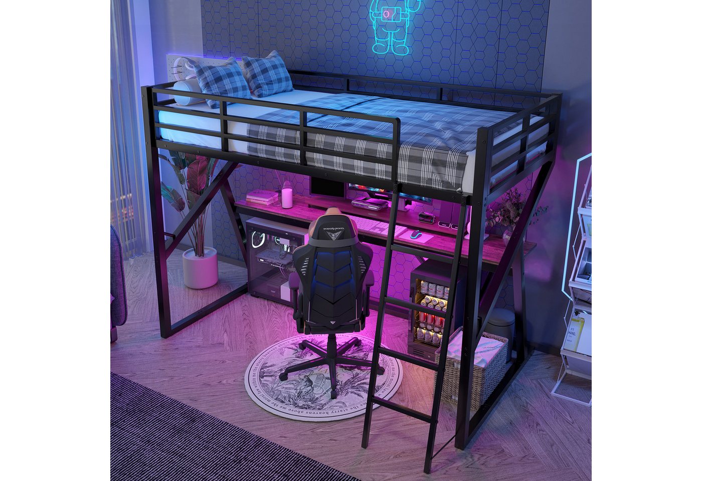 HAUSS SPOLE Kinderbett 90 x 200cm mit LED-Leiste, Geländer, Treppe, Schreibtisch, Schwarz (90x200 cm mit LED, Treppe & Schreibtisch, Sicheres Spiel-, Lern- & Schlafparadies aus Metall & MDF), ohne Matratze von HAUSS SPOLE
