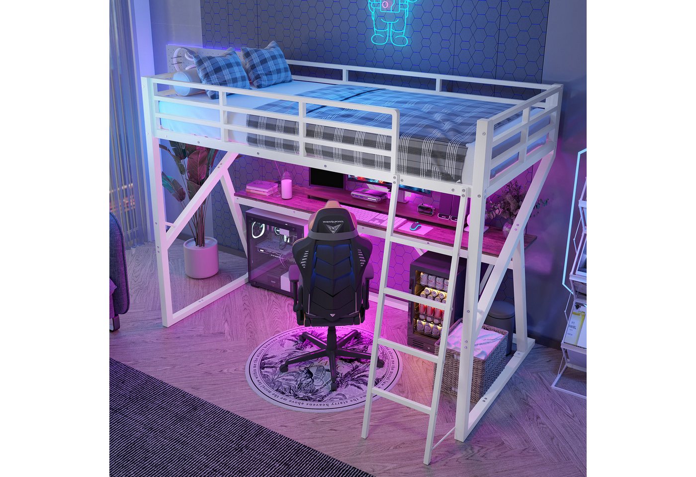 HAUSS SPOLE Kinderbett 90 x 200cm mit LED-Leiste, Geländer, Treppe, Schreibtisch, Weiß (90x200 cm mit LED, Treppe & Schreibtisch, Sicheres Spiel-, Lern- & Schlafparadies aus Metall & MDF), ohne Matratze von HAUSS SPOLE