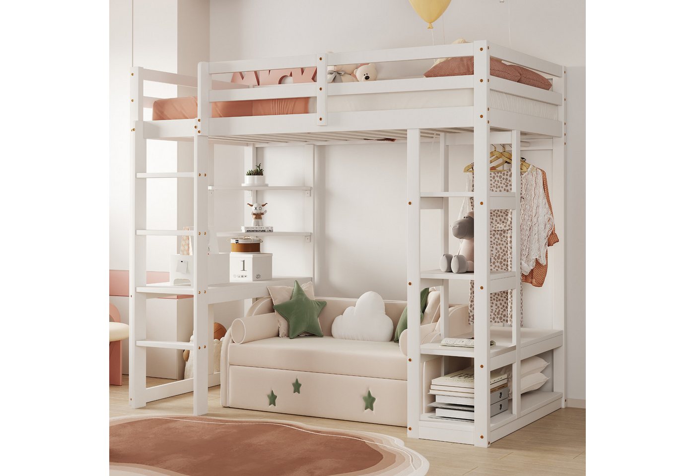 HAUSS SPOLE Kinderbett 90x200 Kinderbett mit Tisch und Regalen, Leiter, Trockenstangen Weiß (Einzelbett mit Kleiderschrank, Regalen, 90x200cm), ohne Matratze von HAUSS SPOLE