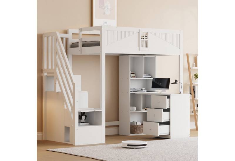 HAUSS SPOLE Kinderbett 90x200 cm mit Fenster, Stauschränken, Schreibtisch und Schubladen Weiß (Sicherheitsgitter und Fenster, Stauraum und Schreibtisch, Flexibel anpassbare Seitenleiter, 90x200 cm), ohne Matratze von HAUSS SPOLE