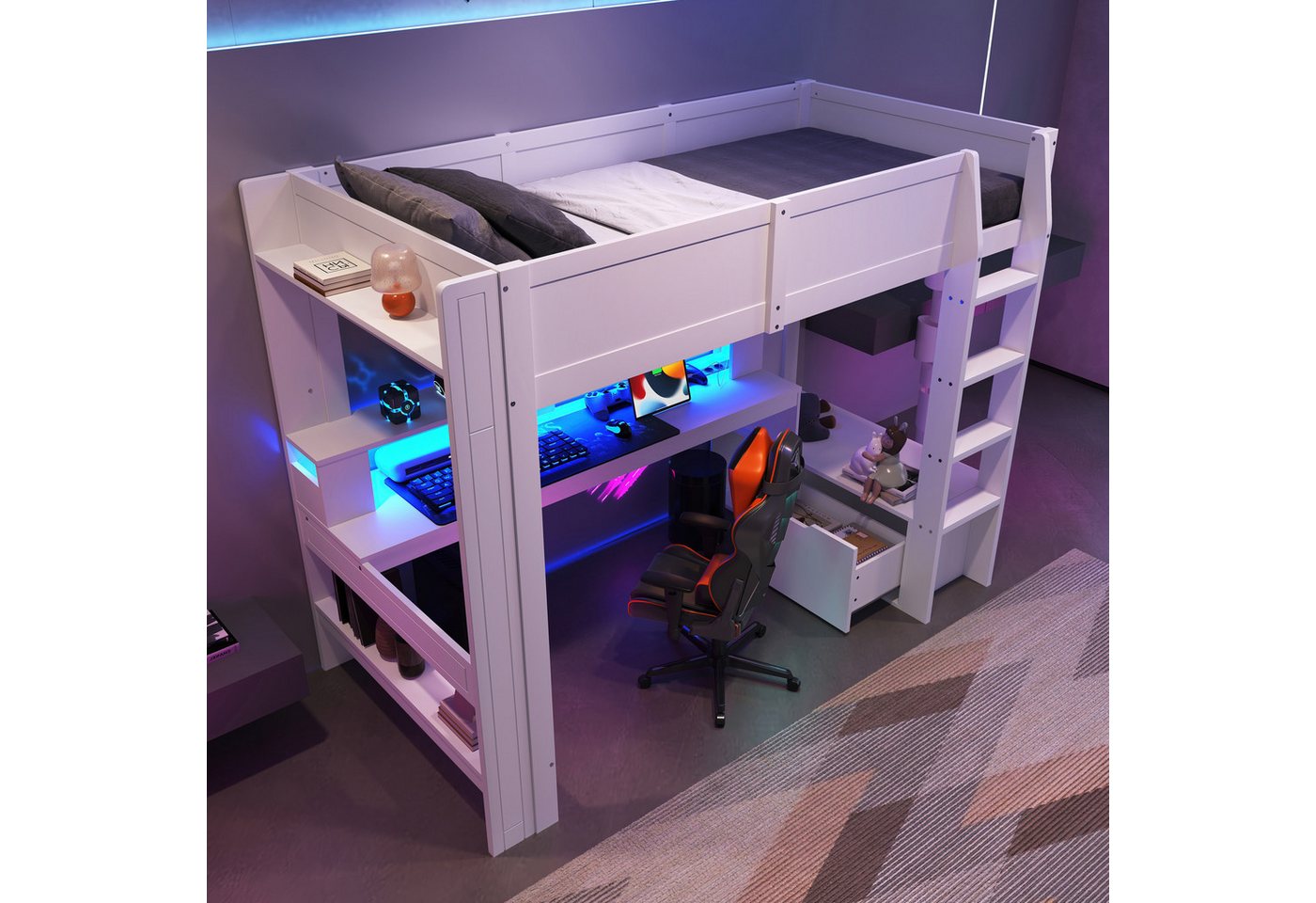 HAUSS SPOLE Kinderbett 90x200 cm mit Schreibtisch, LED-Leuchten,Schublade, Regale, Weiß (Gaming-Bett mit Schreibtisch, LED-Beleuchtung & Regalen, Robustes Massivholz, Praktische Schubladen 90x200 cm), ohne Matratze HAUSS SPOLE Kinderbett 90x200 cm mit Schreibtisch, LED-Leuchten,Schublade, Regale, Weiß (Gaming-Bett mit Schreibtisch, LED-Beleuchtung & Regalen, Robustes Massivholz, Praktische Schubladen 90x200 cm), ohne Matratze von HAUSS SPOLE