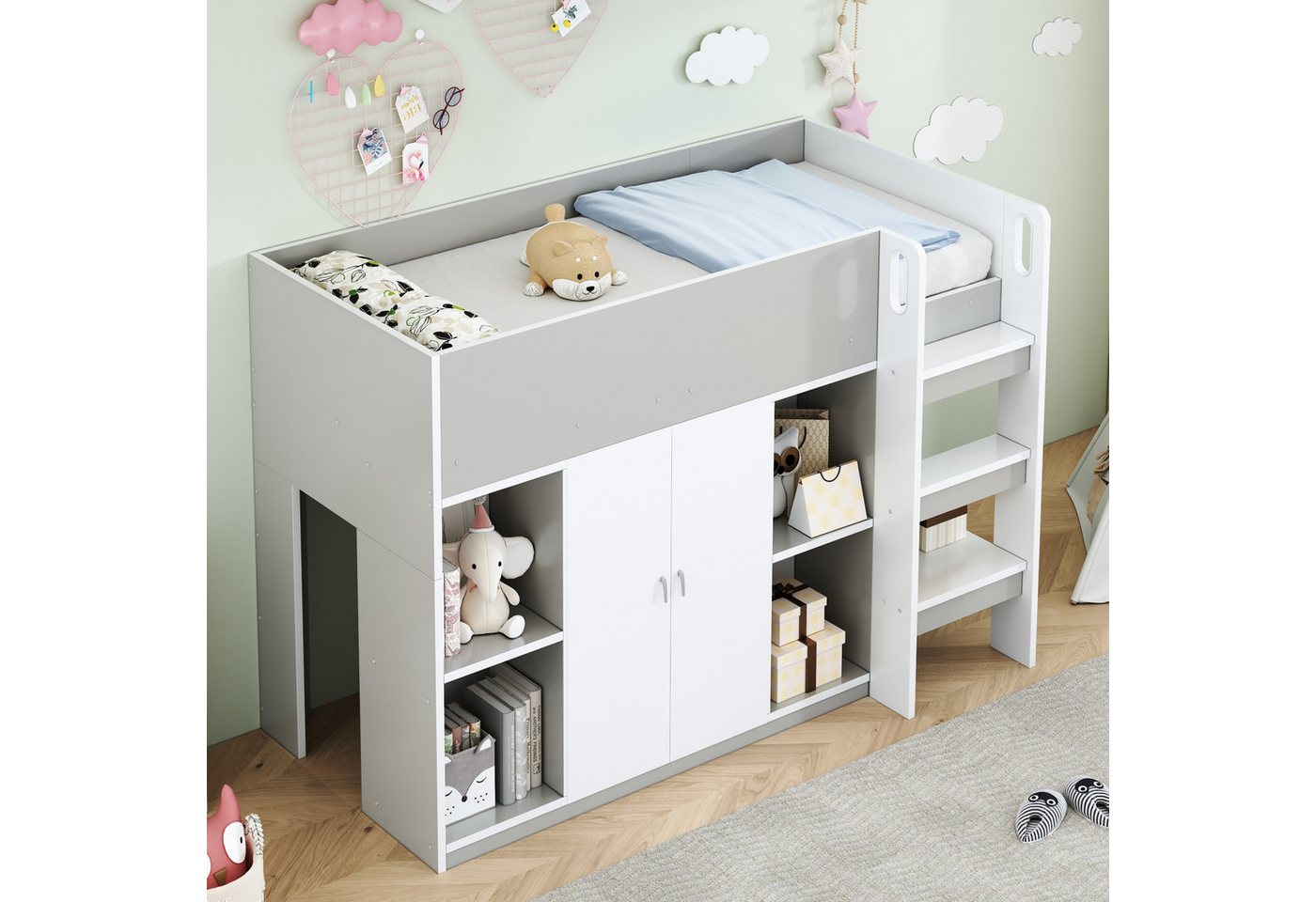 HAUSS SPOLE Kinderbett 90x200 cm mit Stauraum, Schrank und Regalen – mit Leiter Grau (Hochbett Stauraumbett, Stabile Holzbauweise, 90x200 cm), ohne Matratze von HAUSS SPOLE