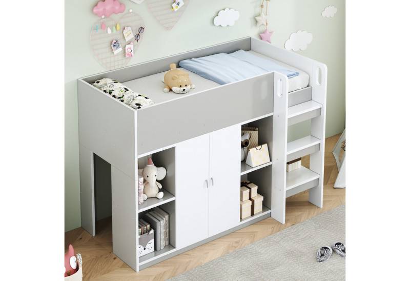 HAUSS SPOLE Kinderbett 90x200 cm mit Stauraum, Schrank und Regalen – mit Leiter Grau (Hochbett Stauraumbett, Stabile Holzbauweise, 90x200 cm), ohne Matratze von HAUSS SPOLE