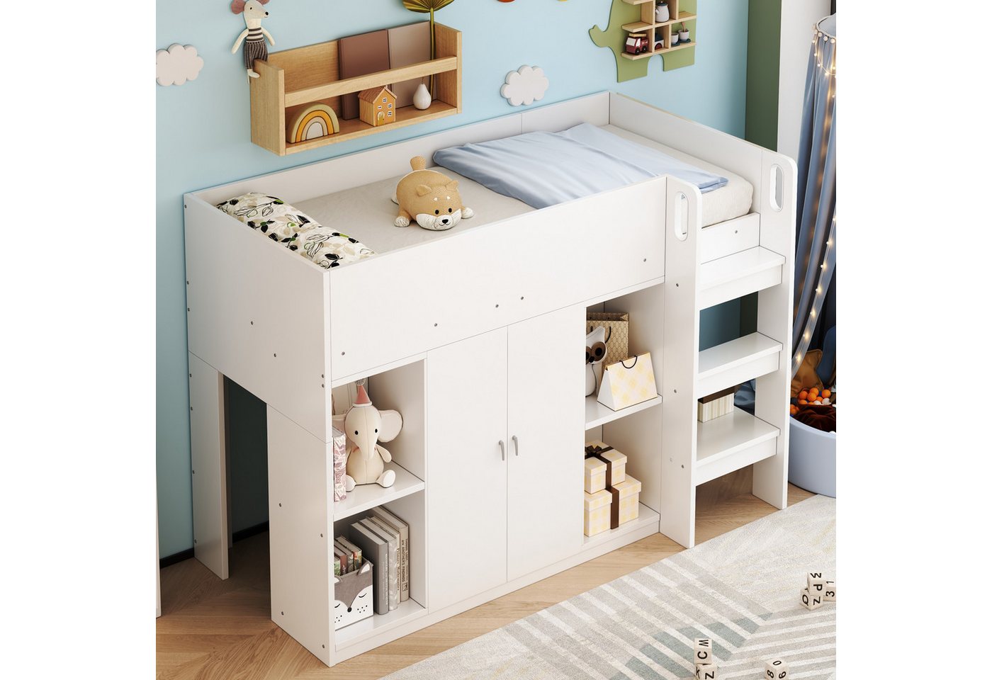 HAUSS SPOLE Kinderbett 90x200 cm mit Stauraum, Schrank und Regalen – mit Leiter Weiß (Hochbett Stauraumbett, Stabile Holzbauweise, 90x200 cm), ohne Matratze von HAUSS SPOLE