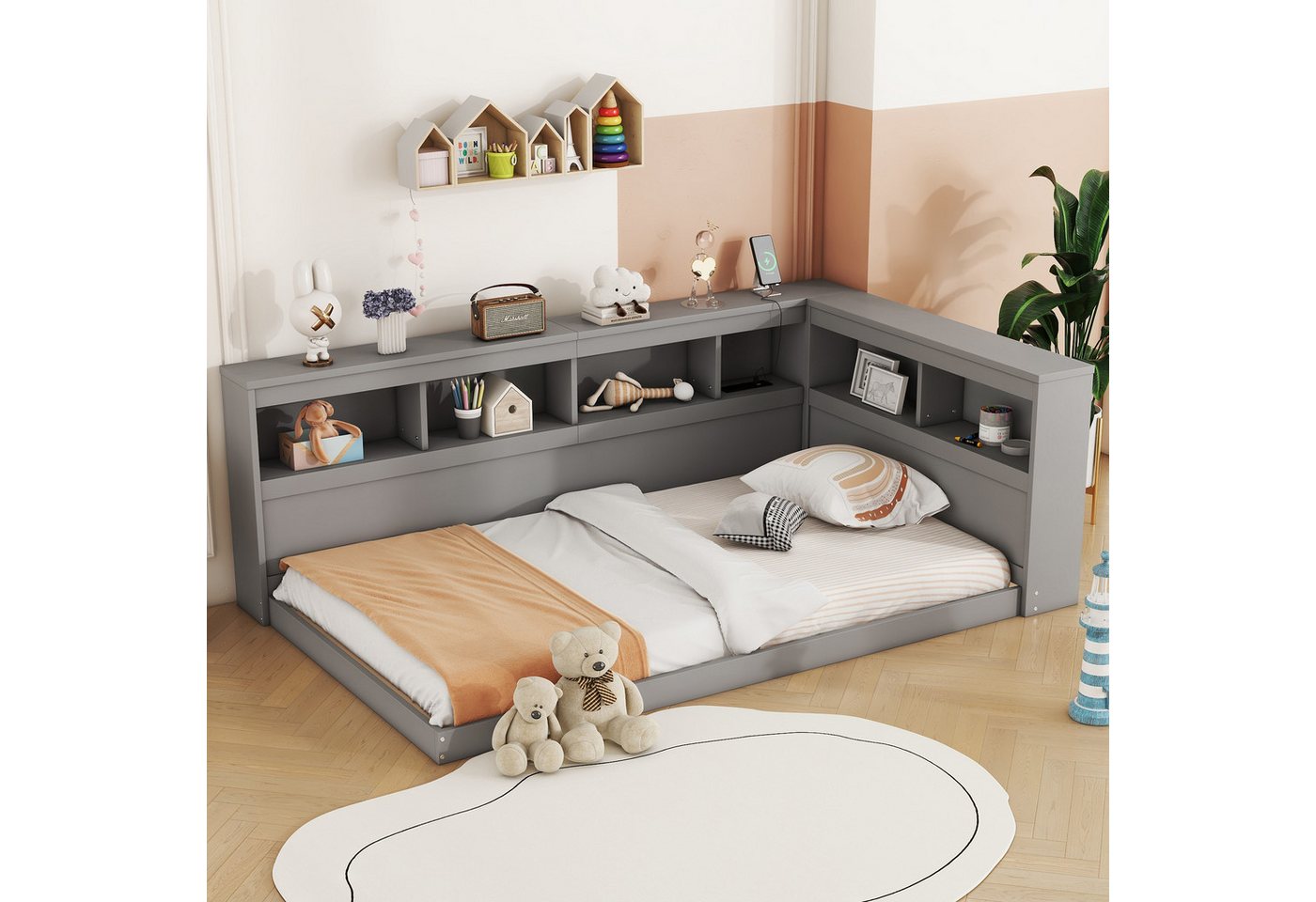 HAUSS SPOLE Kinderbett 90x200 cm mit Steckdose und 2 USB-Anschlüssen, Lattenrost Grau (mit integriertem Lattenrost, Steckdose und 2 USB-Anschlüssen, 90 x 200 cm), ohne Matratze von HAUSS SPOLE