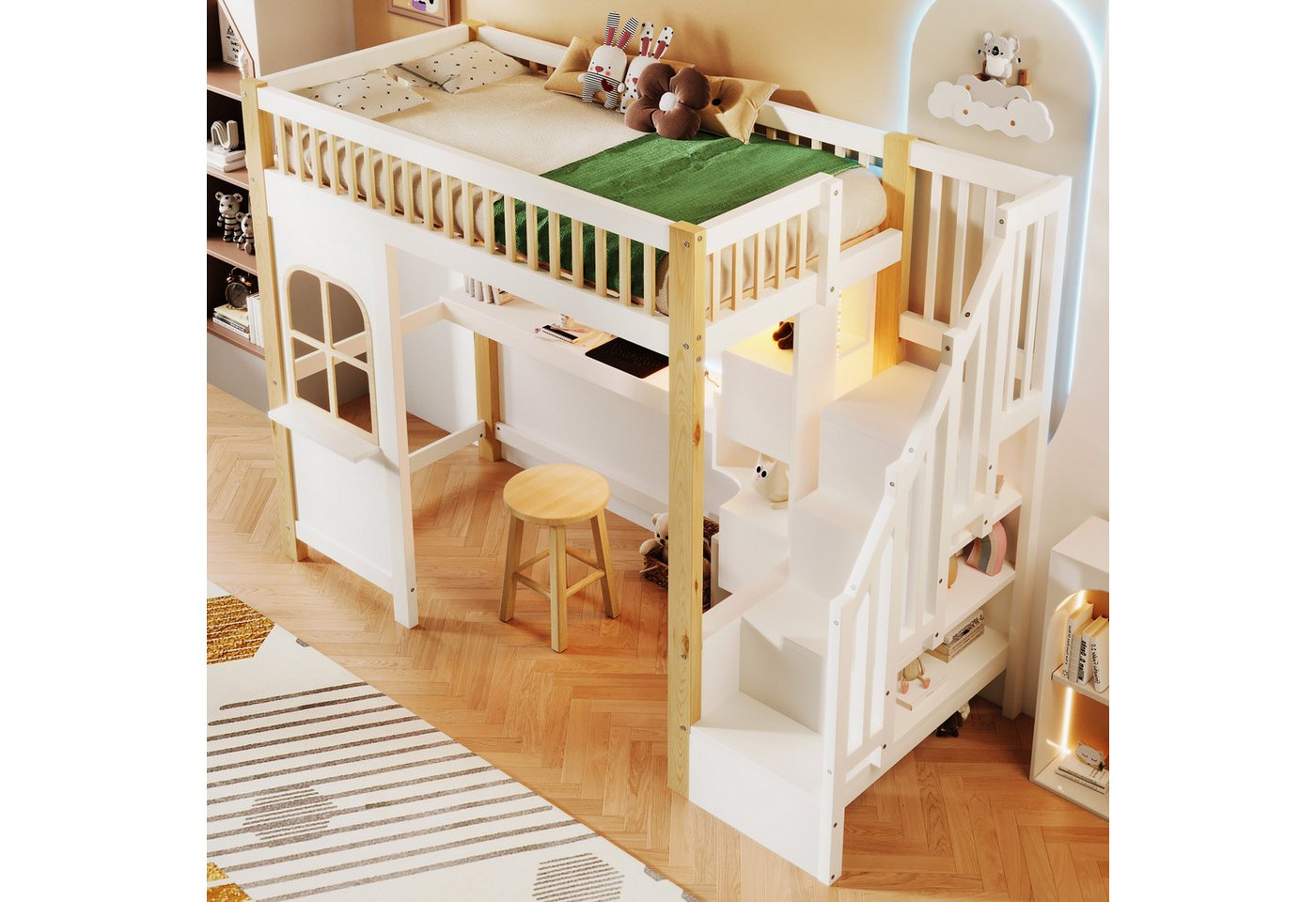 HAUSS SPOLE Kinderbett 90x200 mit LED&Steckdose,Jugendbett Holzbett mit Schreibtisch&Staufach (mit LED-Leuchten, Fensterdesign und Schreibtisch inkl. Stauraum und Sicherheitsgitter, 90x200 cm), ohne Matratze HAUSS SPOLE Kinderbett 90x200 mit LED&Steckdose,Jugendbett Holzbett mit Schreibtisch&Staufach (mit LED-Leuchten, Fensterdesign und Schreibtisch inkl. Stauraum und Sicherheitsgitter, 90x200 cm), ohne Matratze von HAUSS SPOLE