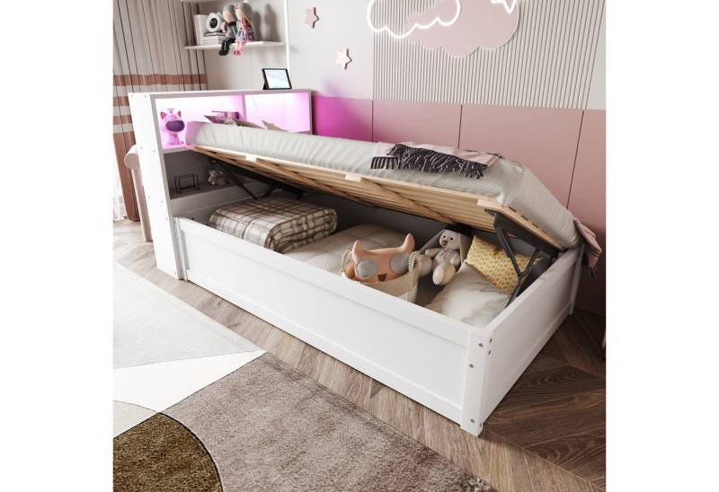 HAUSS SPOLE Kinderbett 90x200 mit Mehrfachsteckdose, mehreren Staufächern, Lichtleiste, Weiß (mit integriertem Massivholzrahmen, Mehrfachsteckdose, Stauraum und LED-Lichtleiste, hydraulisches multifunktionales Bett, 90x200 cm), ohne Matratze von HAUSS SPOLE