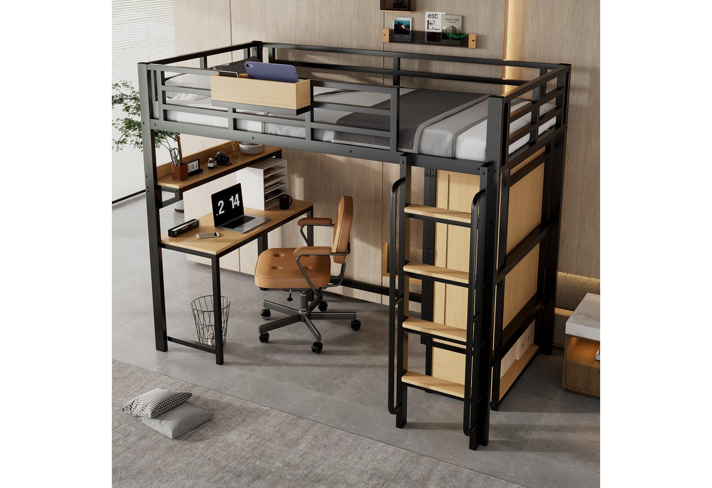 HAUSS SPOLE Kinderbett 90x200 mit Schreibtisch,Jugendbett Bettgestell mit Aufbewahrungsregal (mit Doppeltür-Kleiderschrank, Treppe mit Handläufen und integriertem Schreibtisch, 90x200cm), ohne Matratze von HAUSS SPOLE